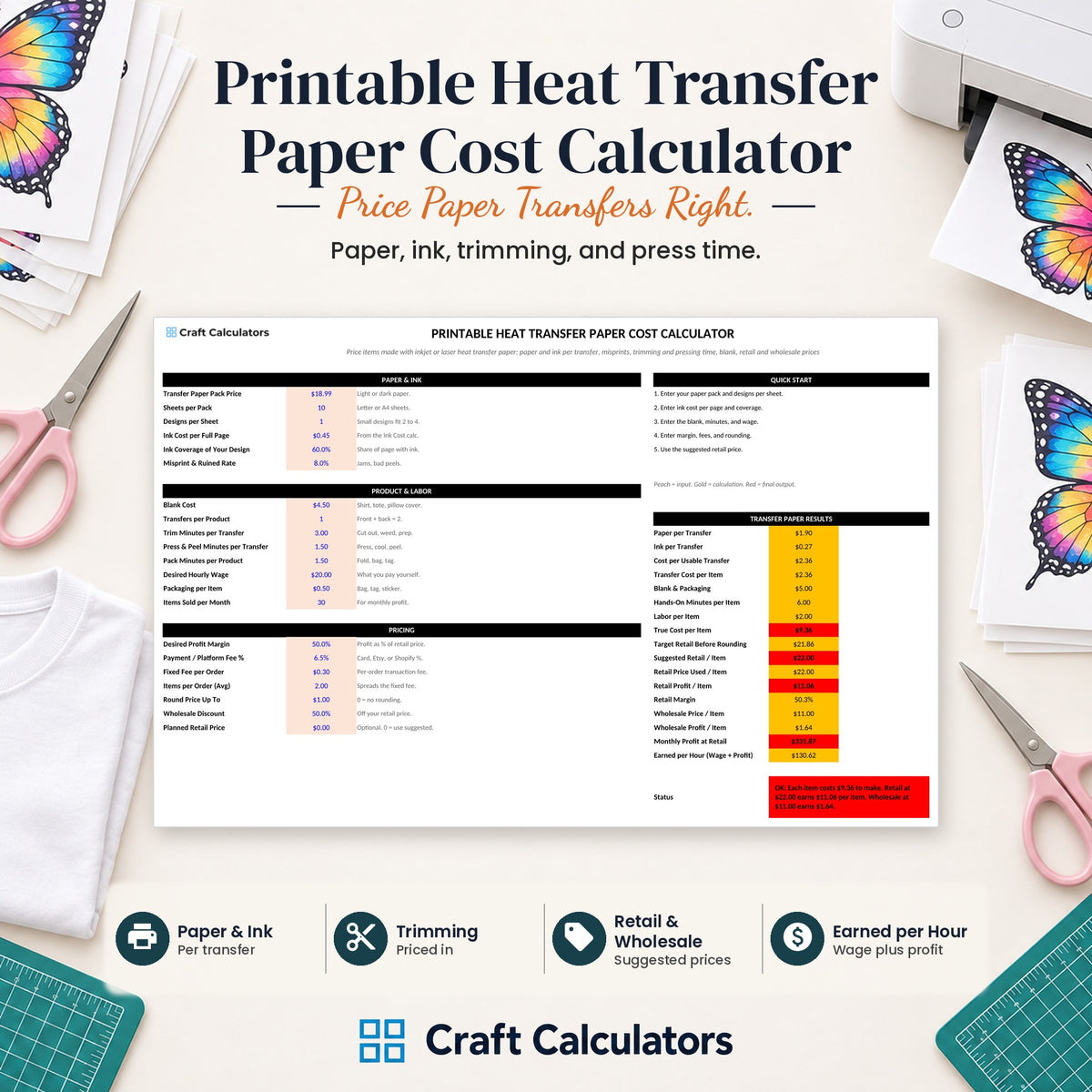 Printable Heat Transfer Paper Cost Calculator spreadsheet by Craft Calculators for handmade sellers