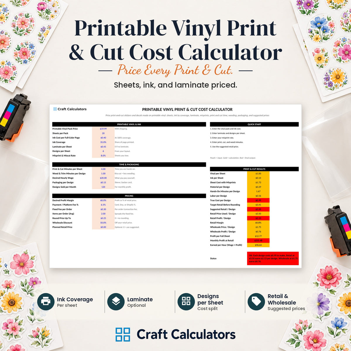 Printable Vinyl Print & Cut Cost Calculator spreadsheet by Craft Calculators for handmade sellers