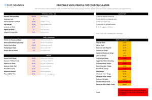 Printable Vinyl Print & Cut Cost Calculator screenshot showing inputs, calculated results, and status line