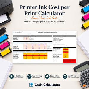 Printer Ink Cost per Print Calculator spreadsheet by Craft Calculators for handmade sellers