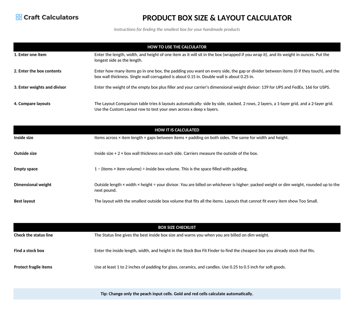 Product Box Size & Layout Calculator instructions tab explaining how to use the workbook and what the results mean