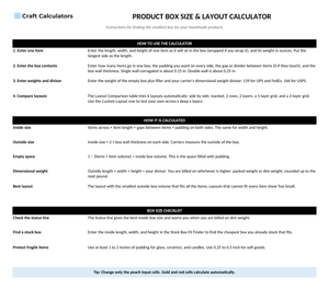 Product Box Size & Layout Calculator instructions tab explaining how to use the workbook and what the results mean