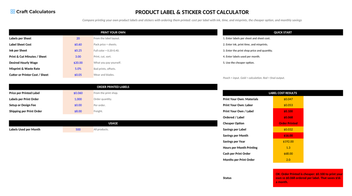 Product Label & Sticker Cost Calculator screenshot showing inputs, calculated results, and status line