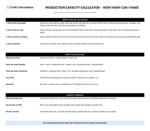 Production Capacity Calculator instructions tab explaining how to use the workbook and what the results mean