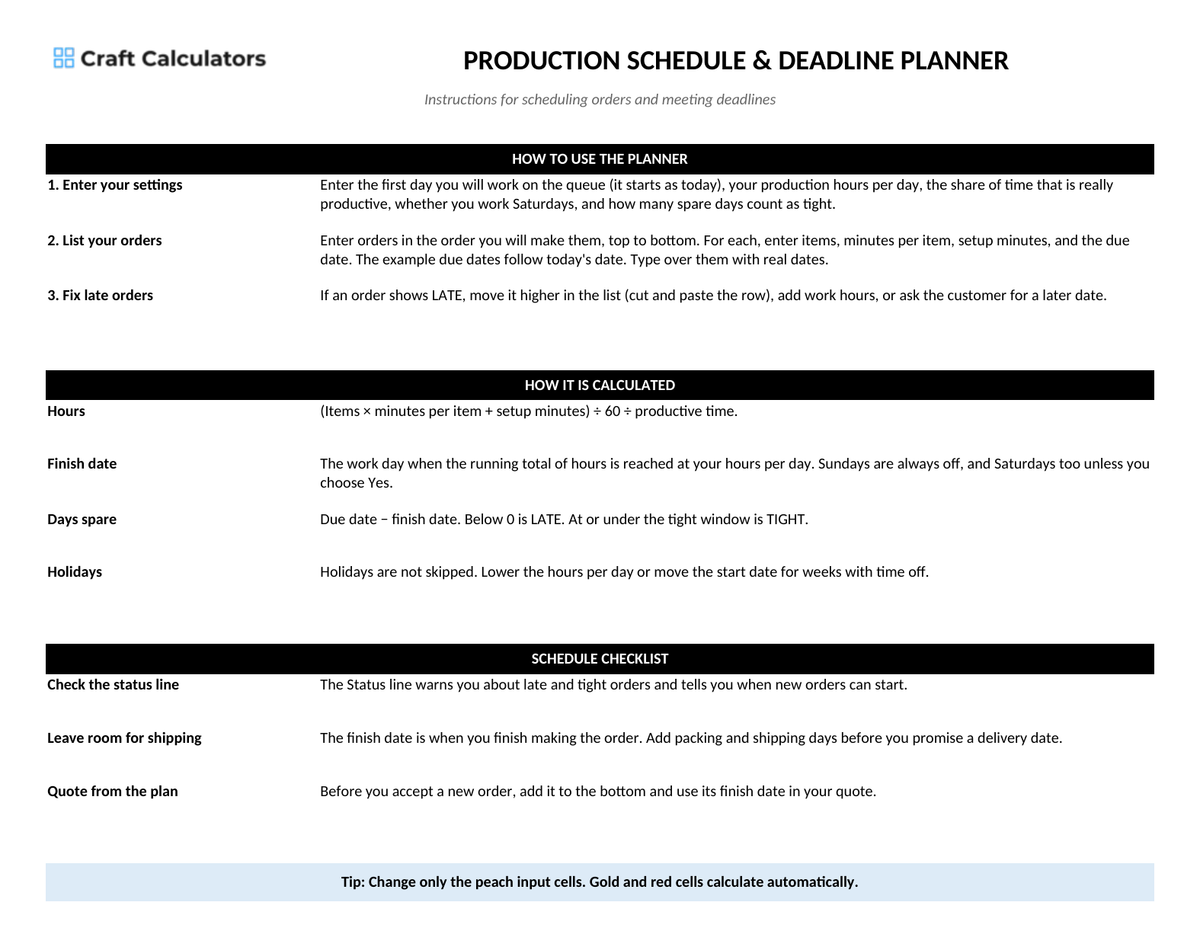 Production Schedule & Deadline Planner instructions tab explaining how to use the workbook and what the results mean
