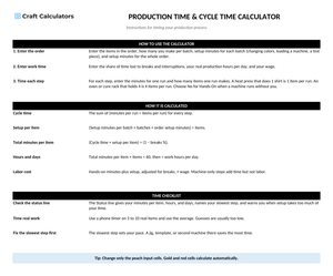 Production Time & Cycle Time Calculator instructions tab explaining how to use the workbook and what the results mean