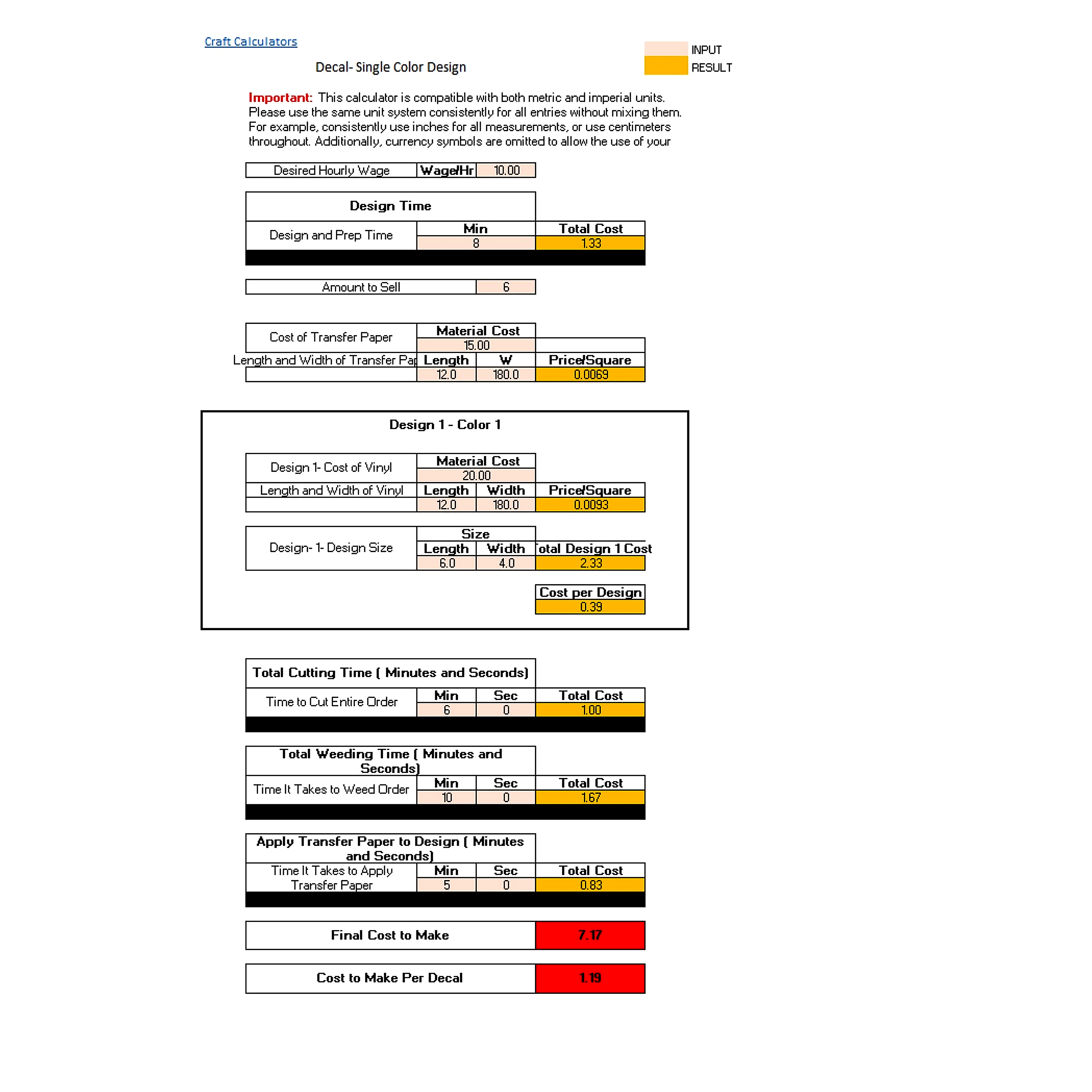 Vinyl Decal Cost Spreadsheet Calculator - Single Color
