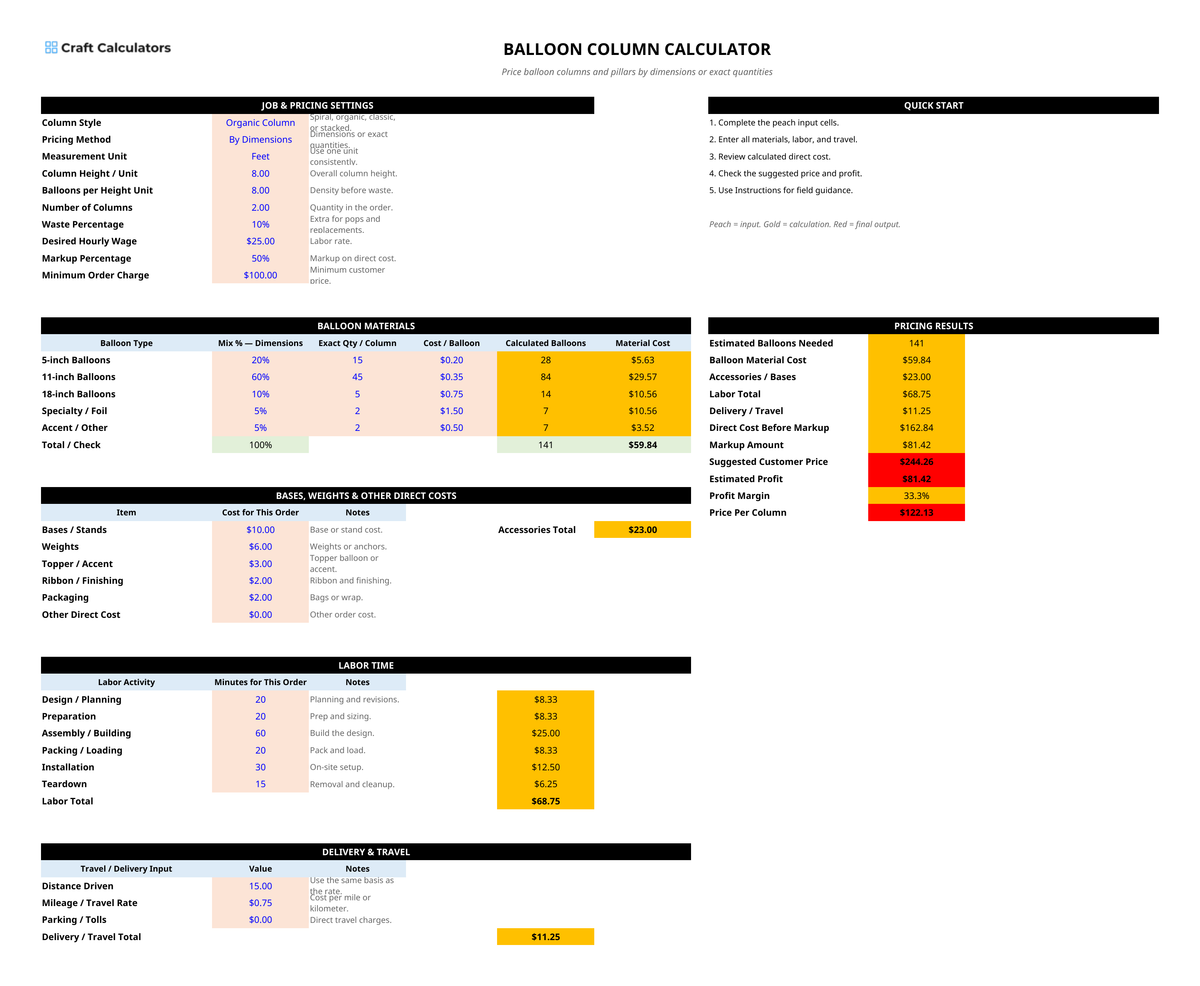 Balloon Column Pricing Calculator Spreadsheet