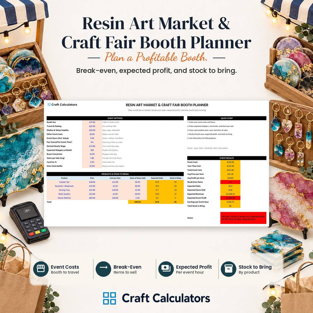 Resin Art Market & Craft Fair Booth Planner spreadsheet by Craft Calculators for resin artists