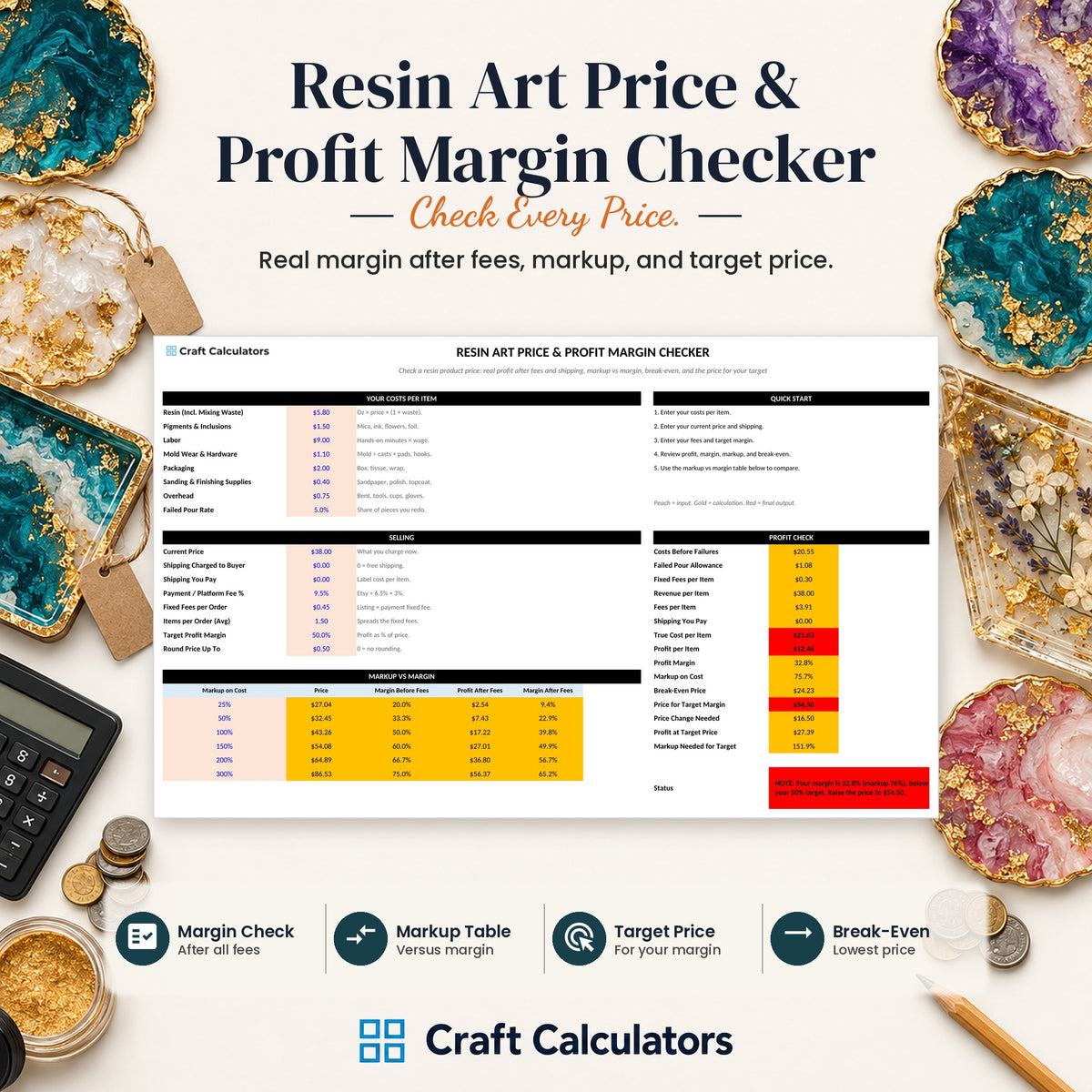Resin Art Price & Profit Margin Checker spreadsheet by Craft Calculators for resin artists