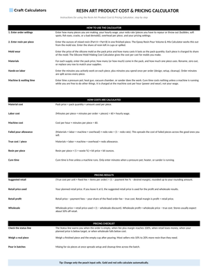 Resin Art Product Cost & Pricing Calculator instructions tab explaining how to use the workbook and what the results mean