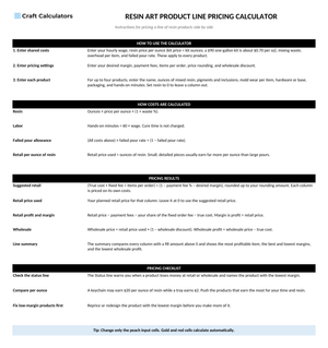 Resin Art Product Line Pricing Calculator instructions tab explaining how to use the workbook and what the results mean