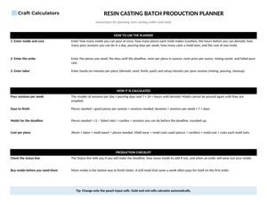 Resin Casting Batch Production Planner instructions tab explaining how to use the workbook and what the results mean