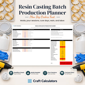 Resin Casting Batch Production Planner spreadsheet by Craft Calculators for resin artists