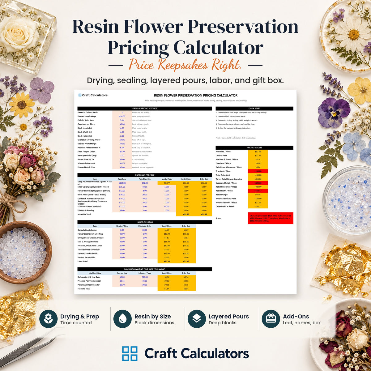 Resin Flower Preservation Pricing Calculator spreadsheet by Craft Calculators for resin artists