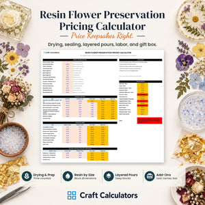 Resin Flower Preservation Pricing Calculator spreadsheet by Craft Calculators for resin artists