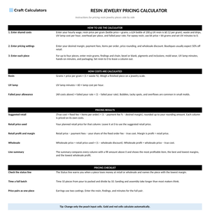 Resin Jewelry Pricing Calculator instructions tab explaining how to use the workbook and what the results mean