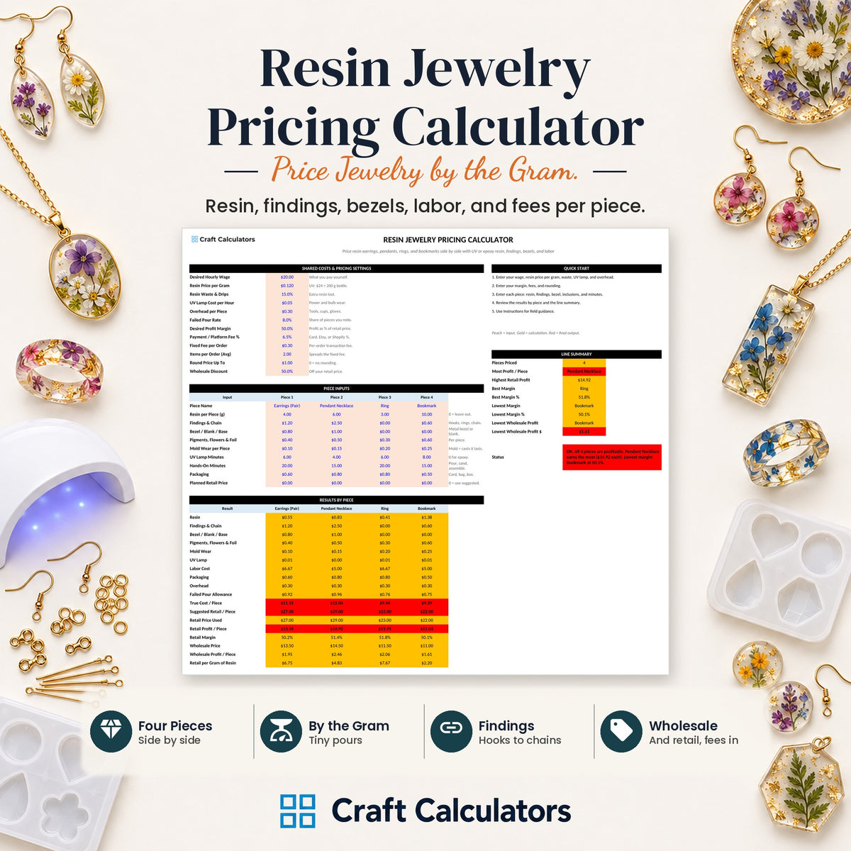 Resin Jewelry Pricing Calculator spreadsheet by Craft Calculators for resin artists