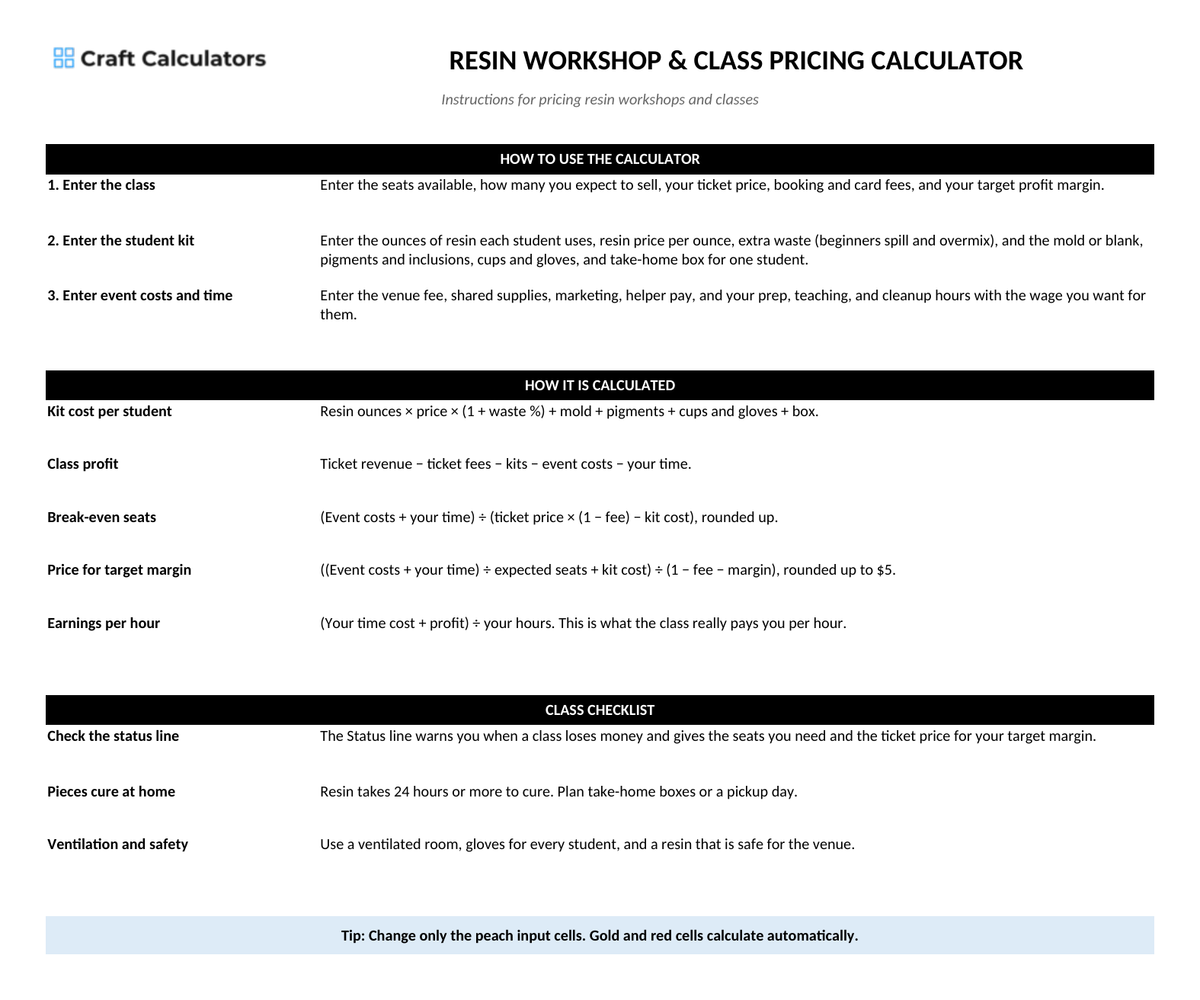 Resin Workshop & Class Pricing Calculator instructions tab explaining how to use the workbook and what the results mean