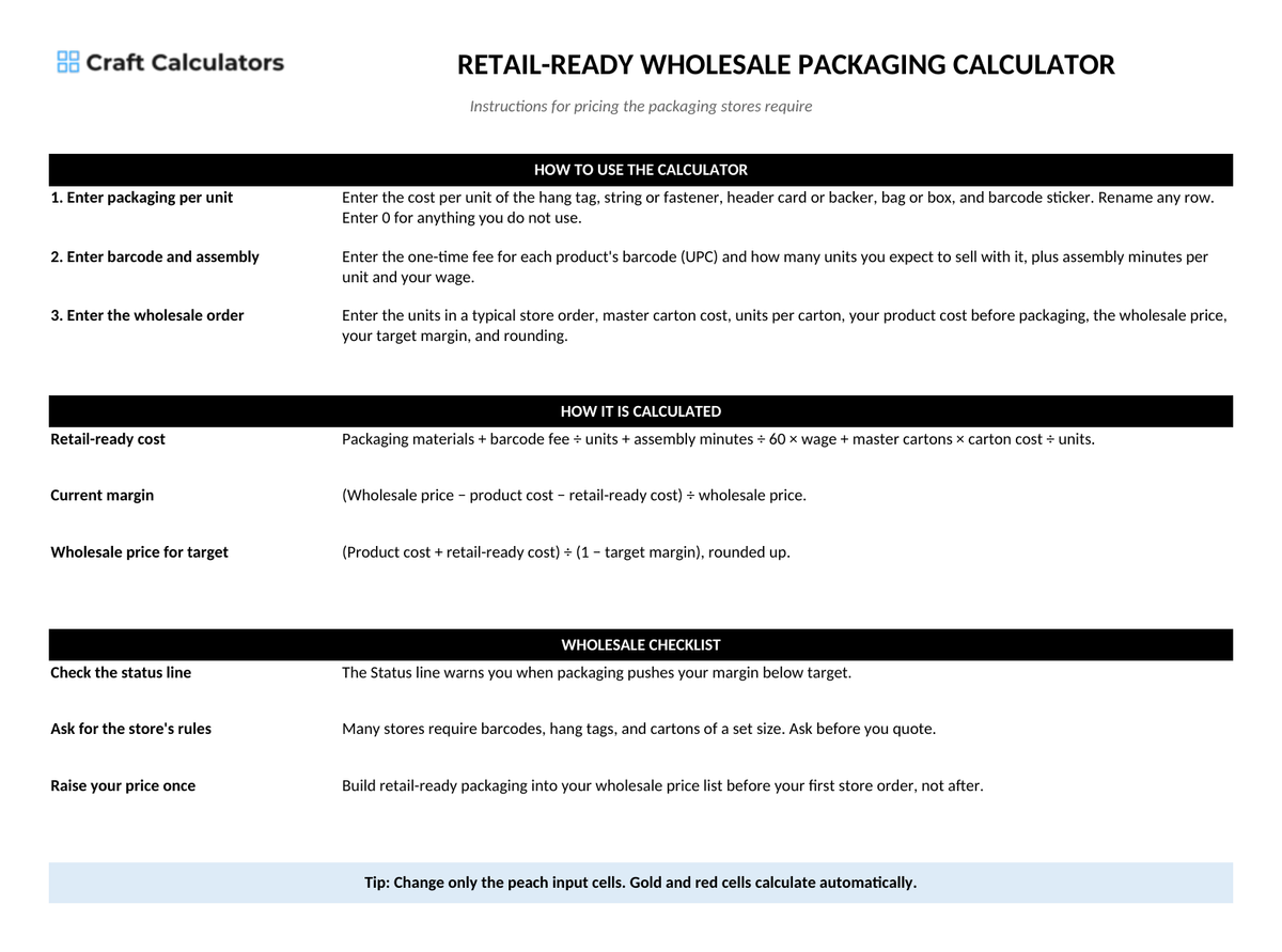 Retail-Ready Wholesale Packaging Calculator instructions tab explaining how to use the workbook and what the results mean