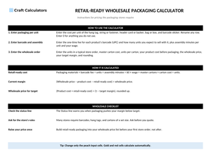 Retail-Ready Wholesale Packaging Calculator instructions tab explaining how to use the workbook and what the results mean