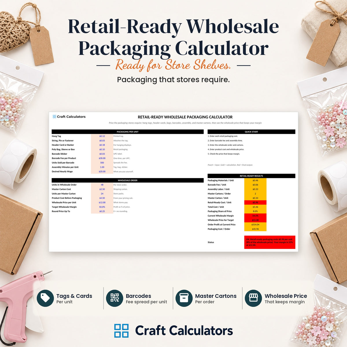 Retail-Ready Wholesale Packaging Calculator spreadsheet by Craft Calculators for handmade sellers