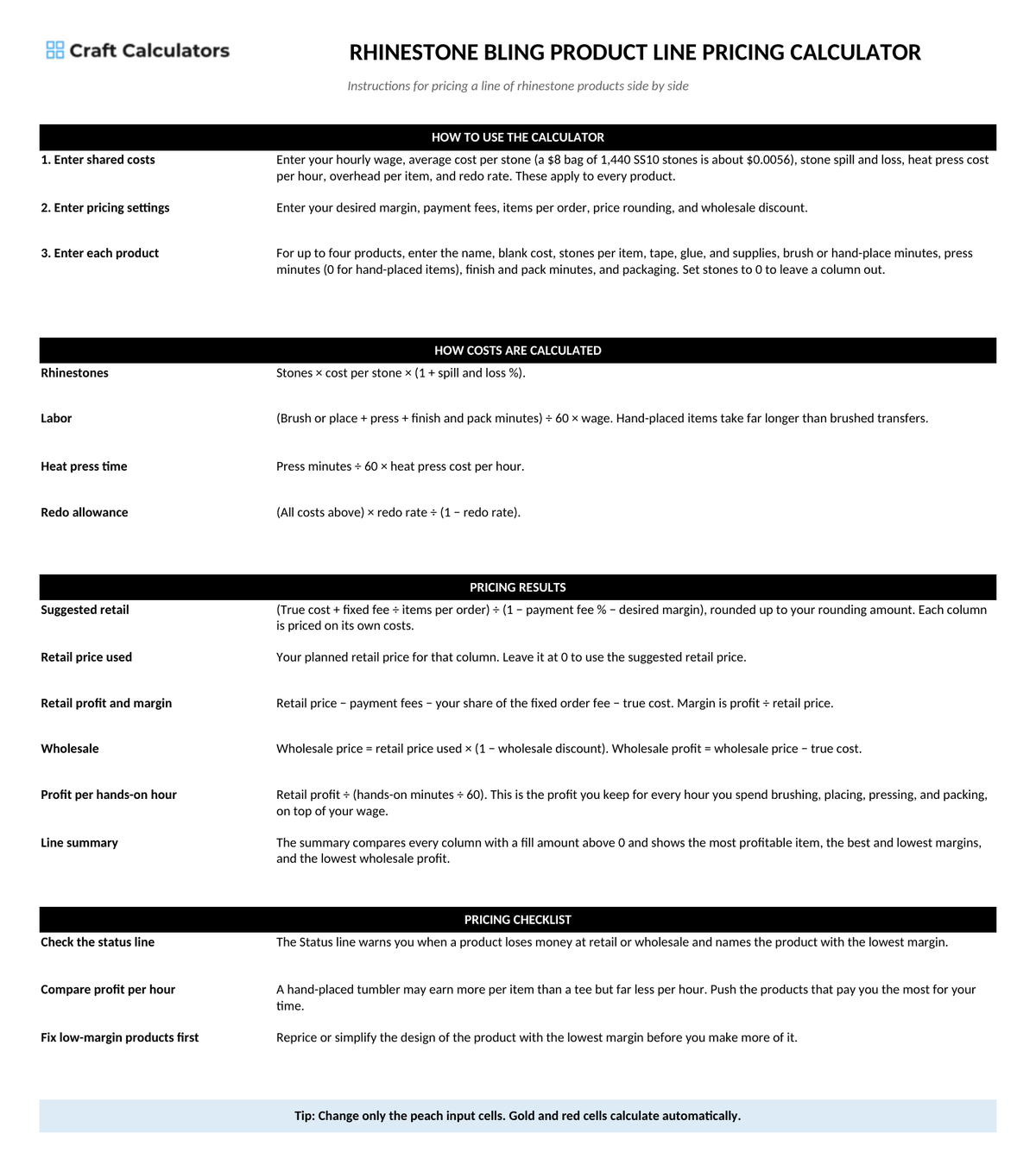 Rhinestone Bling Product Line Pricing Calculator instructions tab explaining how to use the workbook and what the results mean