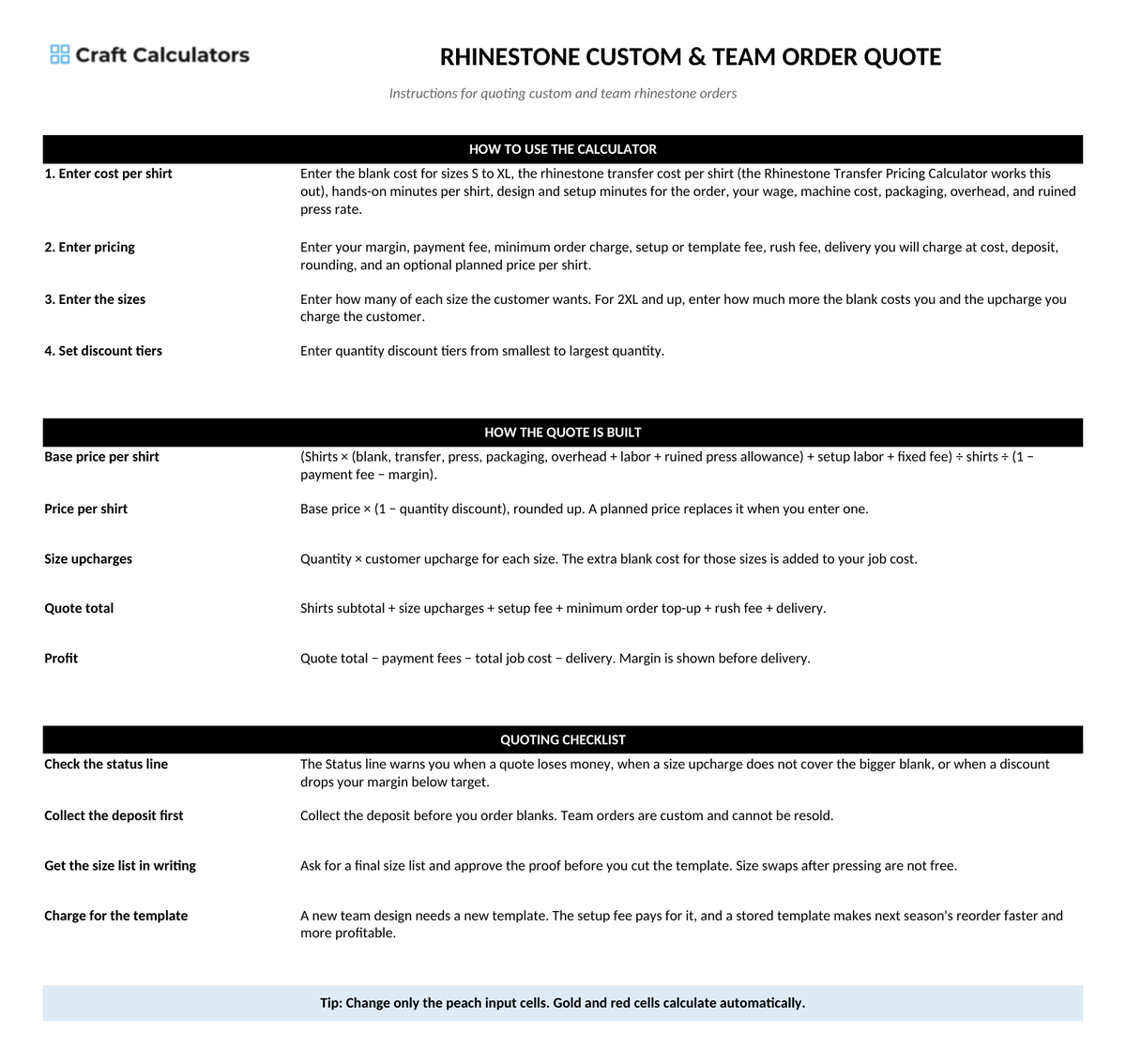 Rhinestone Custom & Team Order Quote instructions tab explaining how to use the workbook and what the results mean