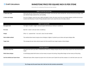 Rhinestone Price per Square Inch vs per Stone instructions tab explaining how to use the workbook and what the results mean