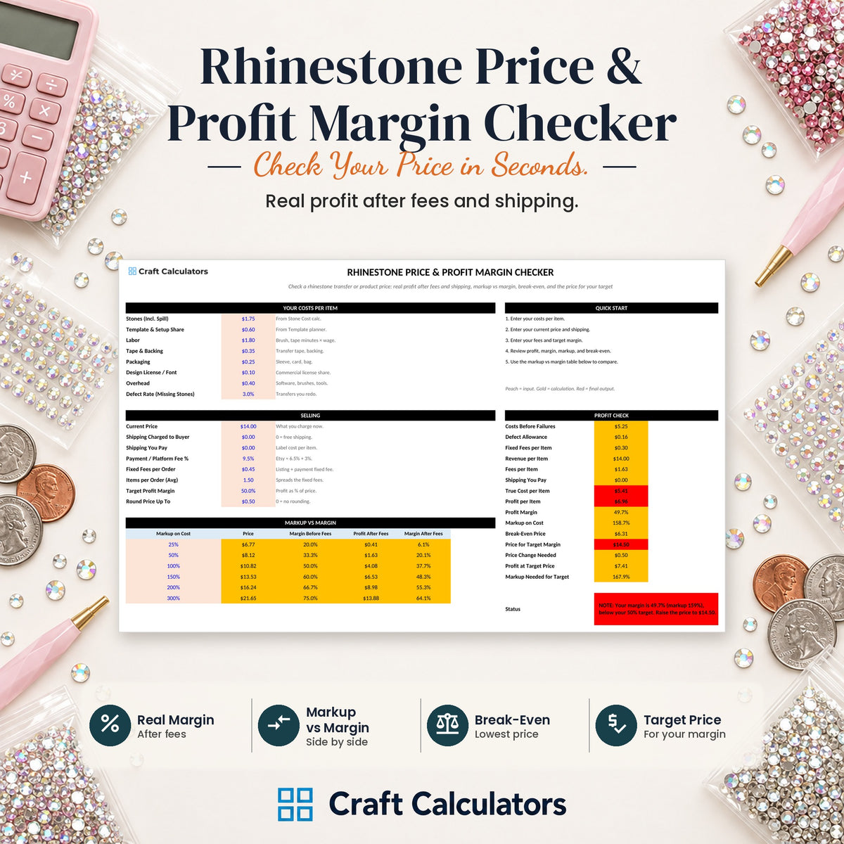 Rhinestone Price & Profit Margin Checker spreadsheet by Craft Calculators for rhinestone sellers