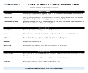 Rhinestone Production Capacity & Deadline Planner instructions tab explaining how to use the workbook and what the results mean