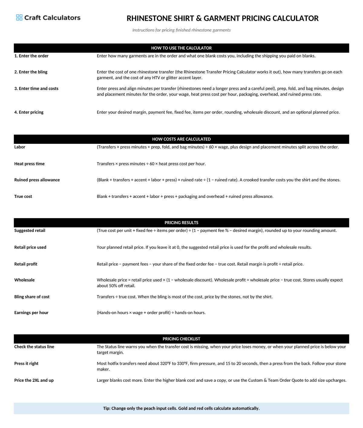 Rhinestone Shirt & Garment Pricing Calculator instructions tab explaining how to use the workbook and what the results mean