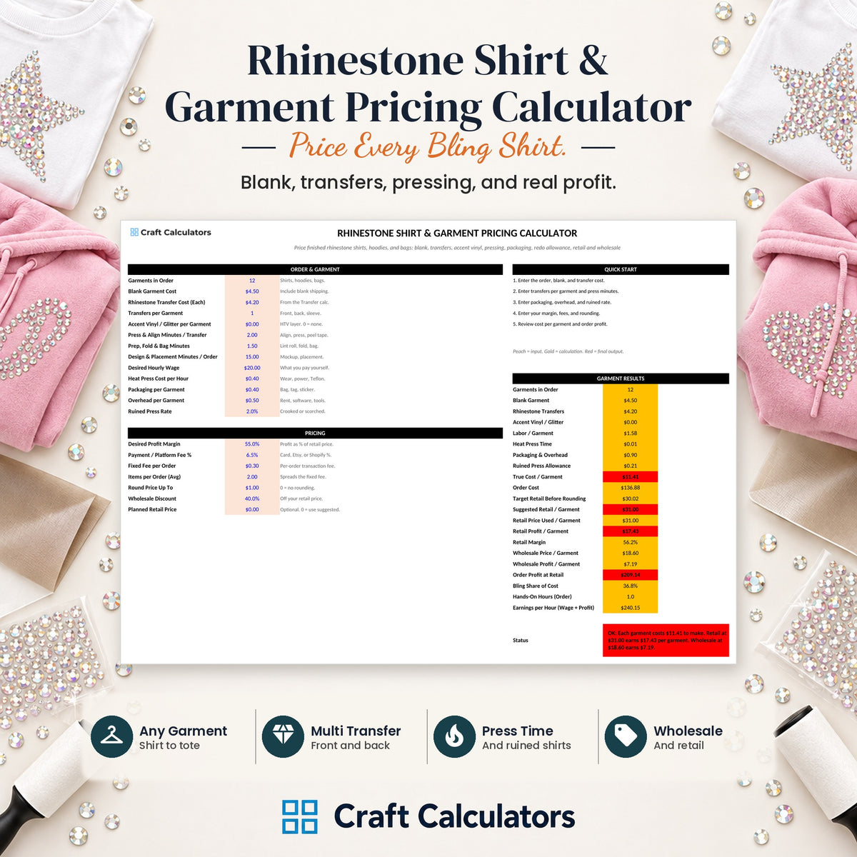 Rhinestone Shirt & Garment Pricing Calculator spreadsheet by Craft Calculators for rhinestone sellers