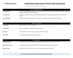 Rhinestone Stone Count & Cost by Size Calculator instructions tab explaining how to use the workbook and what the results mean