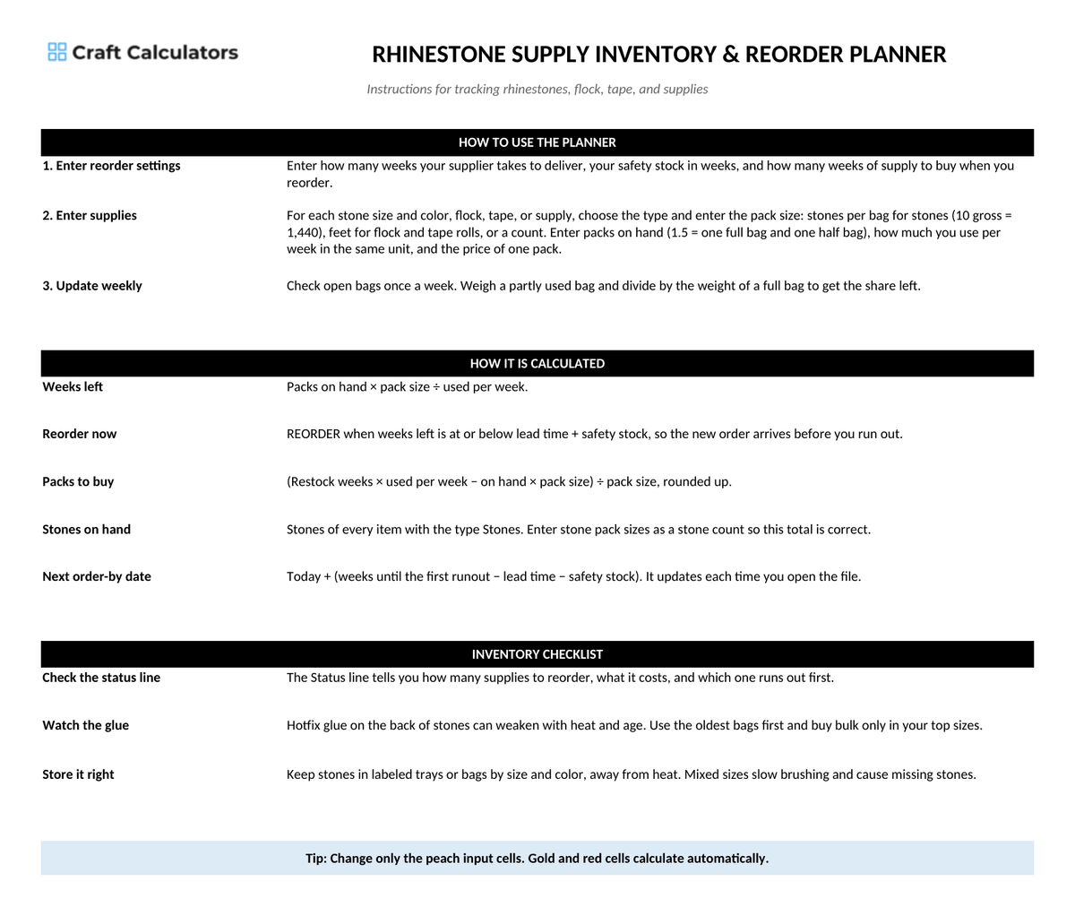 Rhinestone Supply Inventory & Reorder Planner instructions tab explaining how to use the workbook and what the results mean
