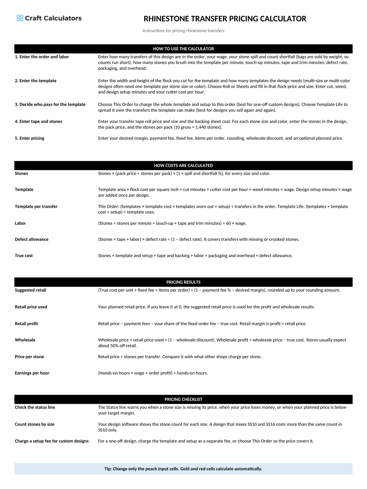 Rhinestone Transfer Pricing Calculator instructions tab explaining how to use the workbook and what the results mean