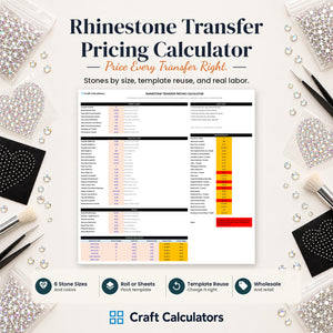 Rhinestone Transfer Pricing Calculator spreadsheet by Craft Calculators for rhinestone sellers