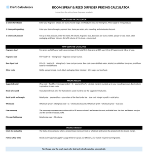 Room Spray & Reed Diffuser Pricing Calculator instructions tab explaining how to use the workbook and what the results mean