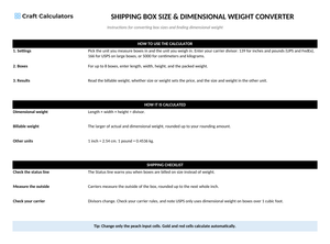 Shipping Box & Dimensional Weight Converter instructions tab explaining how to use the workbook and what the results mean