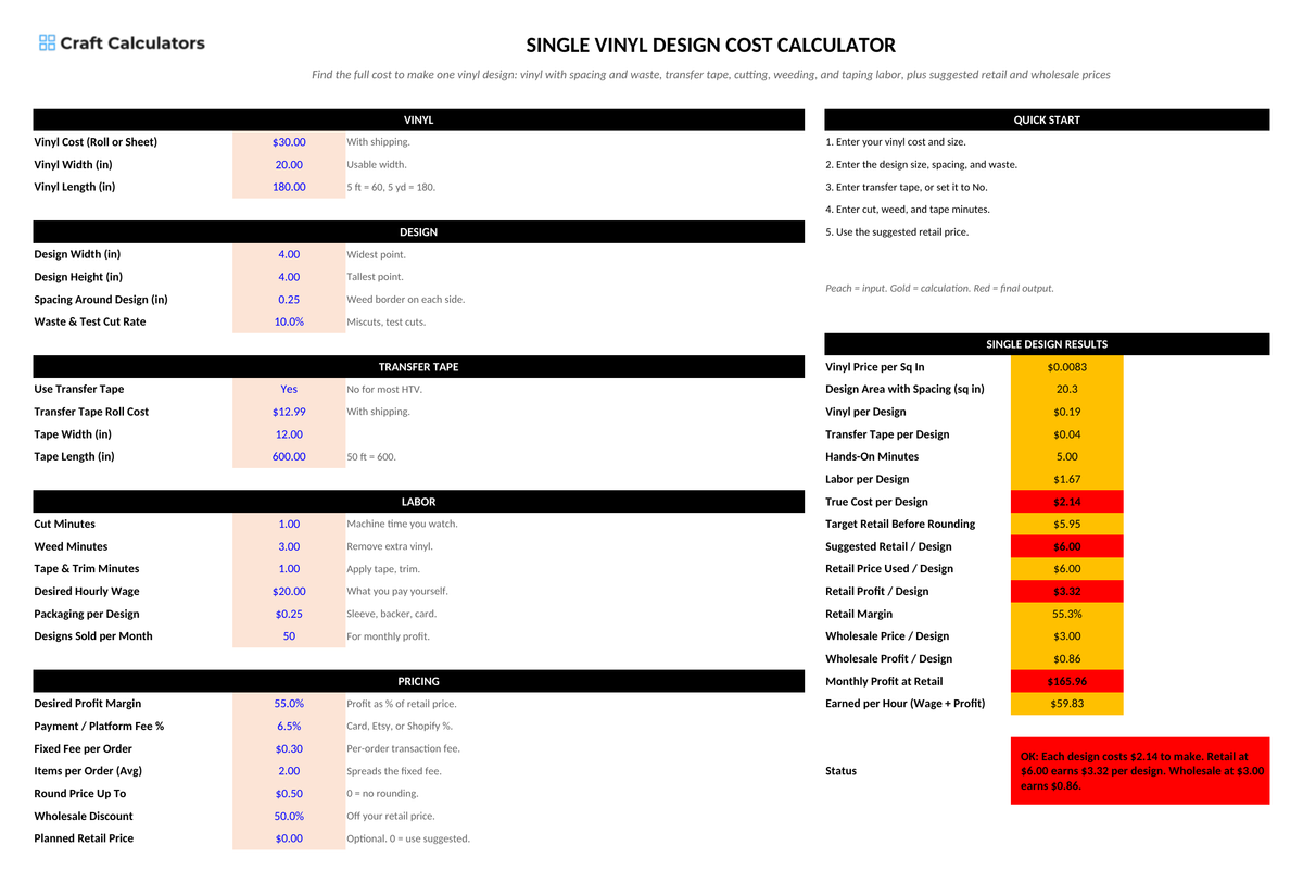 Single Vinyl Design Cost Calculator screenshot showing inputs, calculated results, and status line