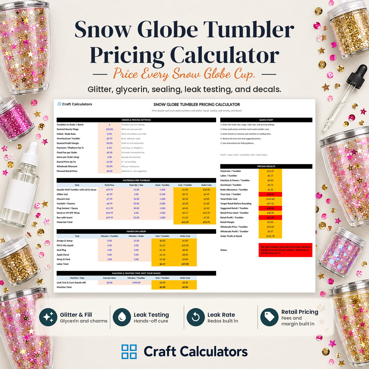 Snow Globe Tumbler Pricing Calculator spreadsheet by Craft Calculators for tumbler makers