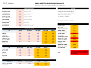 Snow Globe Tumbler Pricing Calculator screenshot showing inputs, calculated results, and status line
