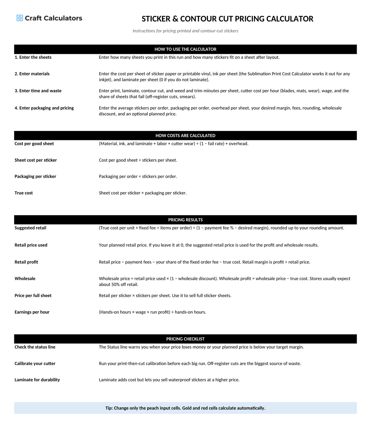 Sticker & Contour Cut Pricing Calculator instructions tab explaining how to use the workbook and what the results mean