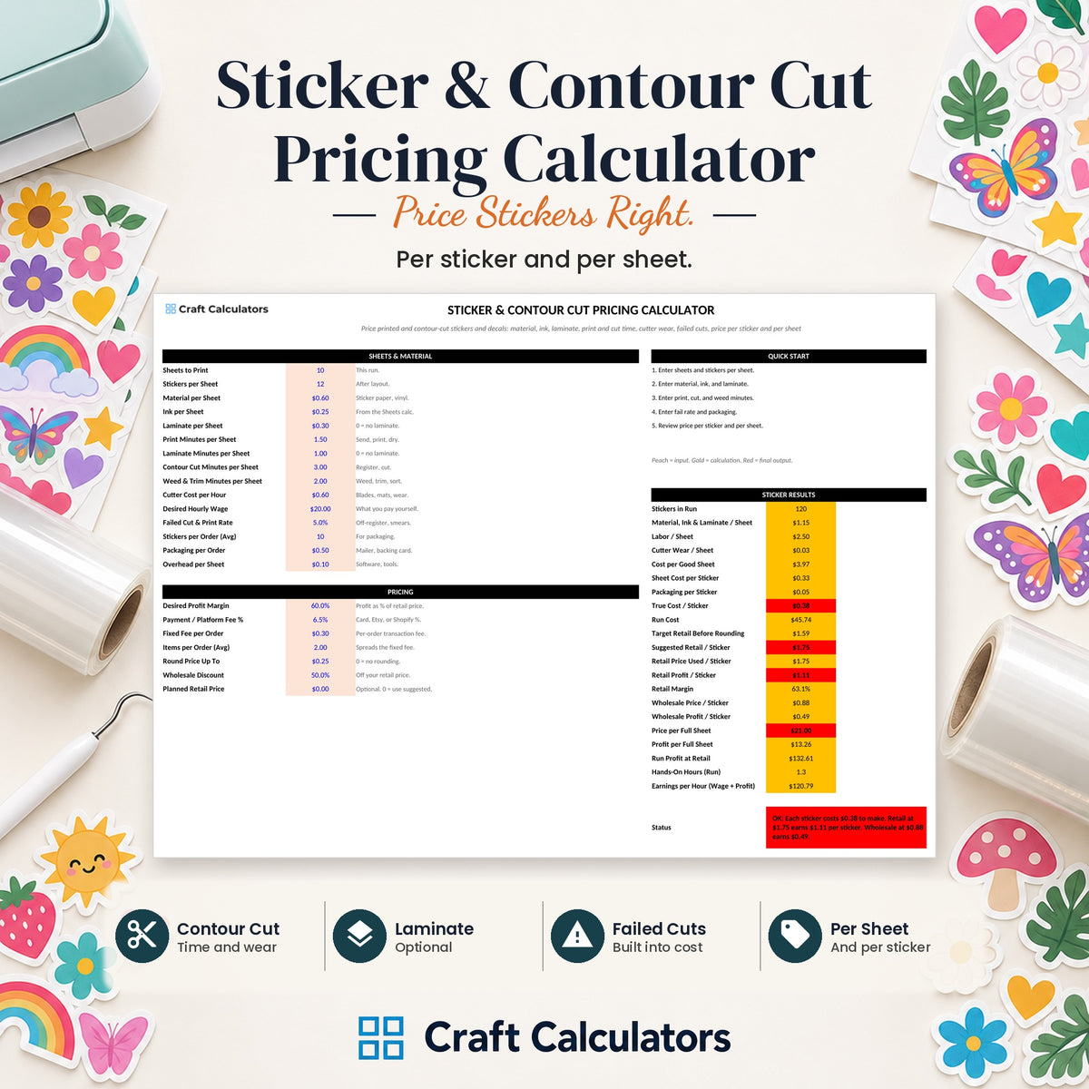 Sticker & Contour Cut Pricing Calculator spreadsheet by Craft Calculators for sublimation sellers