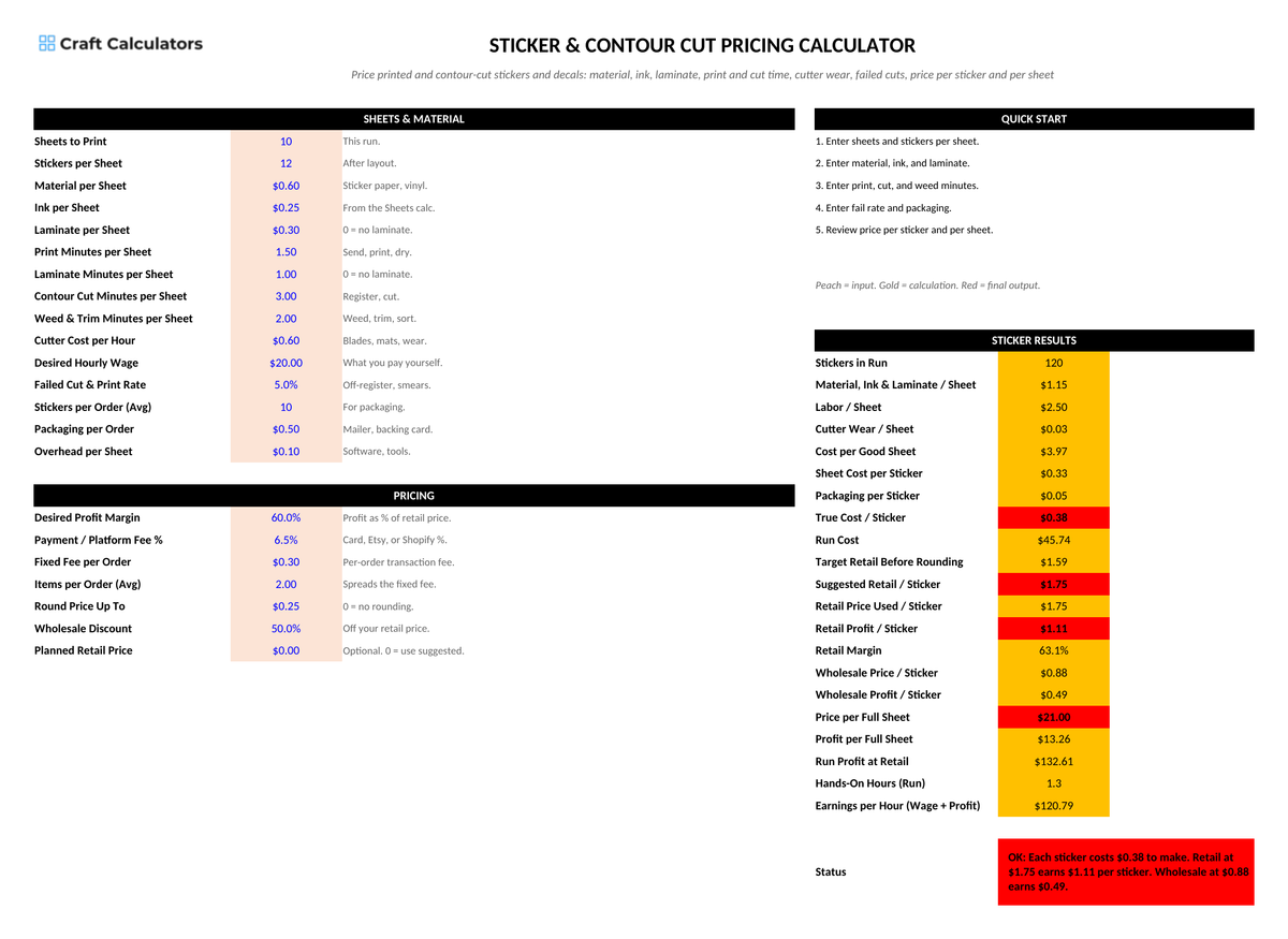 Sticker & Contour Cut Pricing Calculator screenshot showing inputs, calculated results, and status line