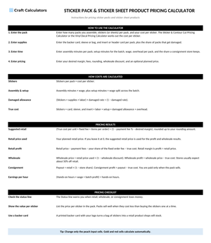 Sticker Pack & Sticker Sheet Pricing Calculator instructions tab explaining how to use the workbook and what the results mean