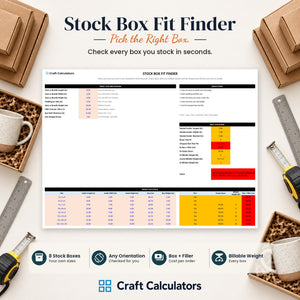 Stock Box Fit Finder spreadsheet by Craft Calculators for handmade sellers