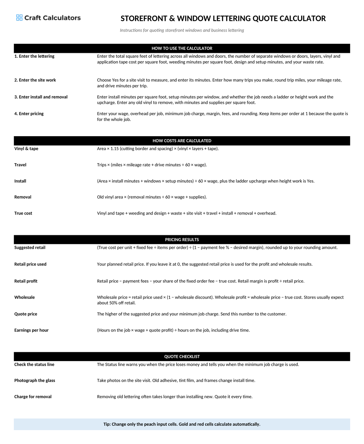 Storefront & Window Lettering Quote Calculator instructions tab explaining how to use the workbook and what the results mean