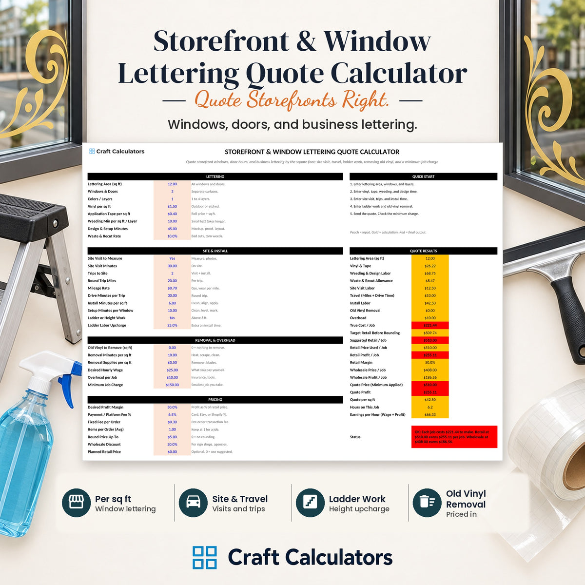 Storefront & Window Lettering Quote Calculator spreadsheet by Craft Calculators for decal and sticker sellers