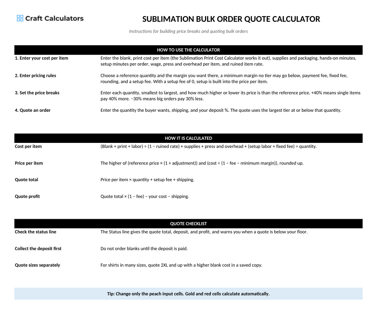 Sublimation Bulk Order Quote Calculator instructions tab explaining how to use the workbook and what the results mean